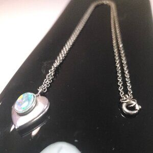 1970s Silver Tone Heart Locket Necklace Faux Opal Cabochon 18.5" Spring Clasp